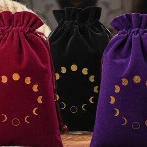 Moon Phase Velveteen Drawstring Bag Trio Black Red Purple Gold NWT